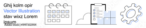 Scheduling, task management, workflow, productivity, organization, efficiency. Calendar with checkmarks, checklist document gears. Scheduling and task management highlighted