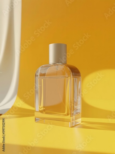 Transparent bottle of perfume on a yellow background. Fragrance presentation with daylight. Trending concept in natural materials with beautiful shadow. Women's essence.