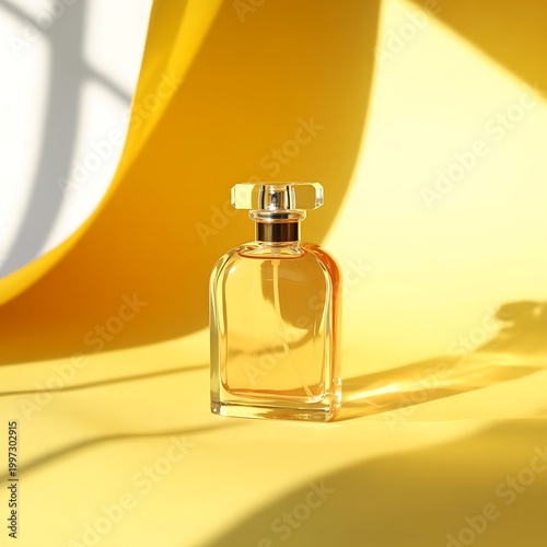 Transparent bottle of perfume on a yellow background. Fragrance presentation with daylight. Trending concept in natural materials with beautiful shadow. Women's essence.