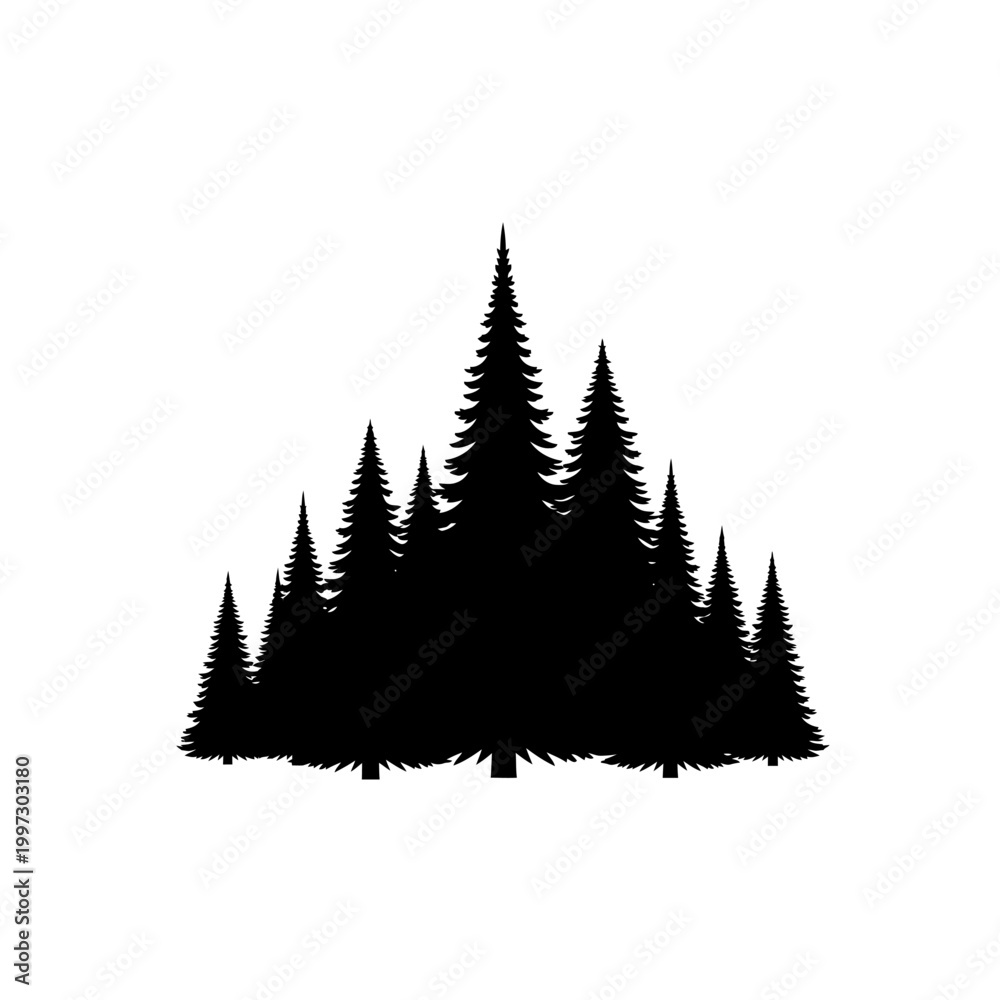 Obraz premium Silhouette of a dense forest of evergreen trees against a white background.