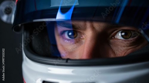 Close-up of a racing driver wearing a helmet and visor.