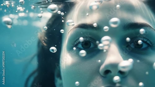 Human eye submerged underwater with floating bubbles and light refraction.