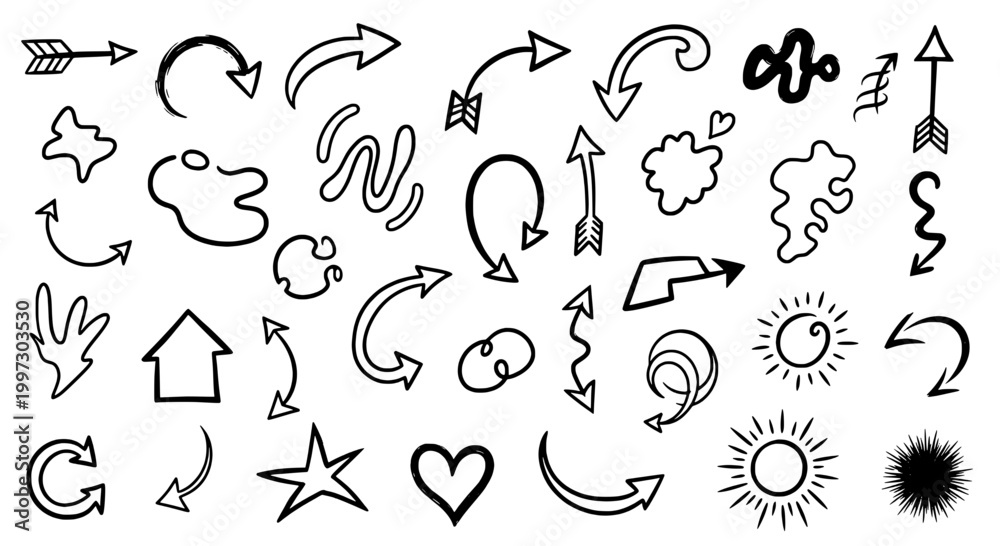 Fototapeta premium Arrows hand drawn set with black curved lines, symbols, and directional icons. featuring vector, illustration, graphics with collection and doodle