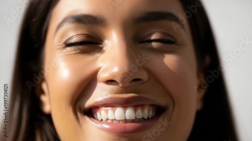 Close-up of a happy smiling woman's face and bright eyes.