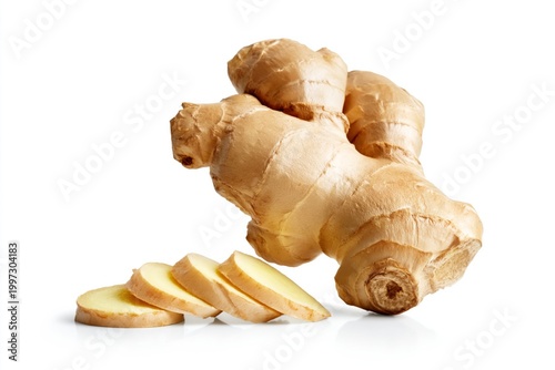 Fresh Ginger Root With Sliced Pieces on a White Background Ready for Cooking ...