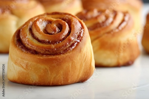 Freshly Baked Cinnamon Roll on White Background With Visible Layers and Swirl...