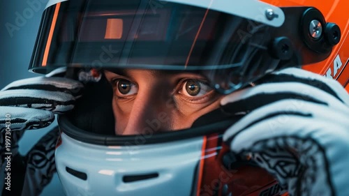 Focused eye of a racing driver inside a helmet.