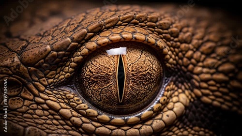 Macro detail of a textured dinosaur or lizard eye.