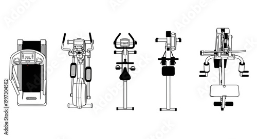 Collection of gym exercise machines in a line drawing style.