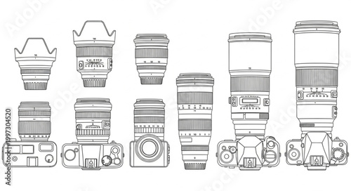 Collection of Professional Camera Lenses and Camera Body.