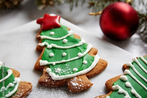 Decorating Gingerbread Cookies Shaped Like Trees During the Holiday Season in...