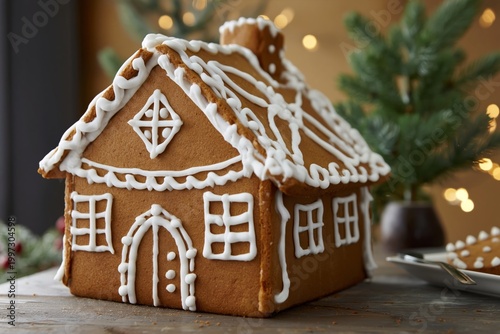 Gingerbread House With Icing Decorations and Candy Trees During Winter Holida...