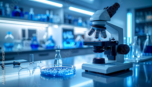 Scientific microscope in modern laboratory with petri dish and equipment