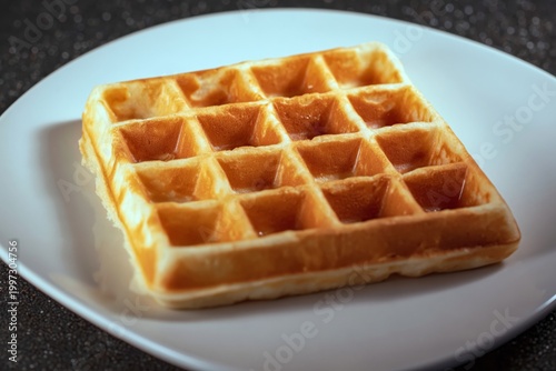 Waffle Served on a White Plate With a Plain Background in a Kitchen Setting