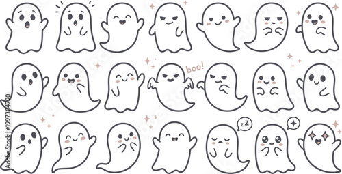 Collection of cute cartoon ghosts with various happy and sad facial expressions isolated on white background