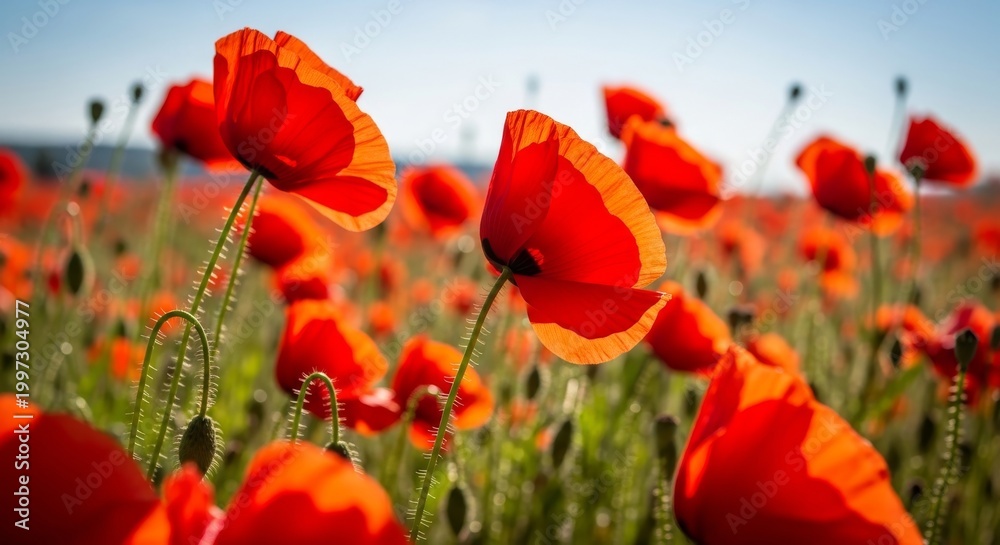 Naklejka premium Vibrant Red Poppies Swaying in a Sunny Field