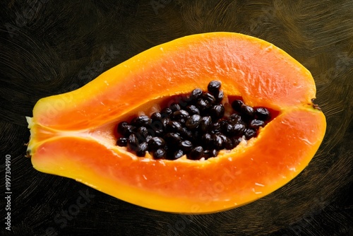 Fresh Papaya Cut in Half Showing Seeds and Orange Flesh on a Dark Surface