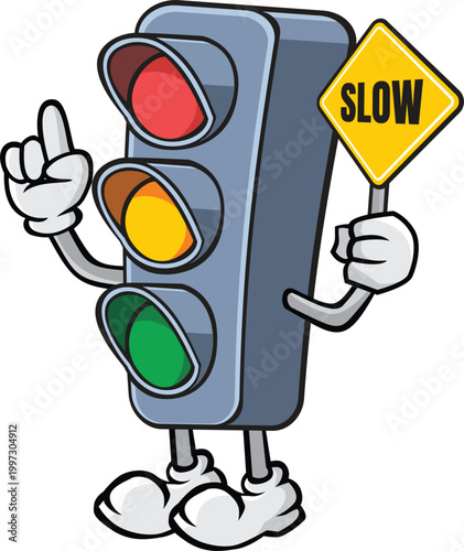 Traffic light character with SLOW Sign Vector - Cartoon Road Safety Mascot