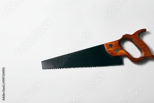Wood Saw With a Wooden Handle Hanging Against a Plain Background