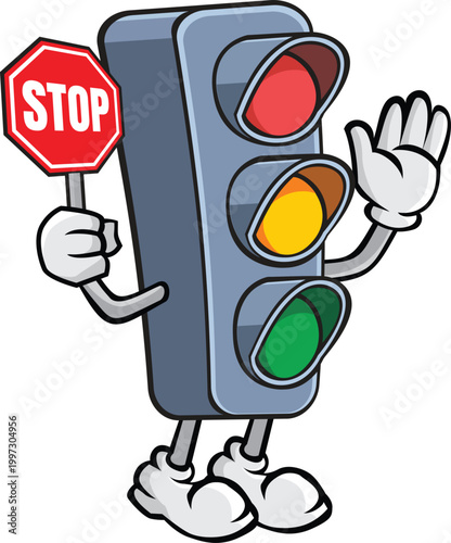 Traffic light Cute Cartoon character with STOP Sign Vector - Cartoon Road Safety Mascot. Perfect for children's books, educational materials, or other creative designs.
