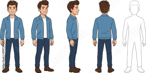 Cartoon male character turnaround sheet showing front, side, back, three‑quarter views and outline sketch for animation, modeling, and illustration reference