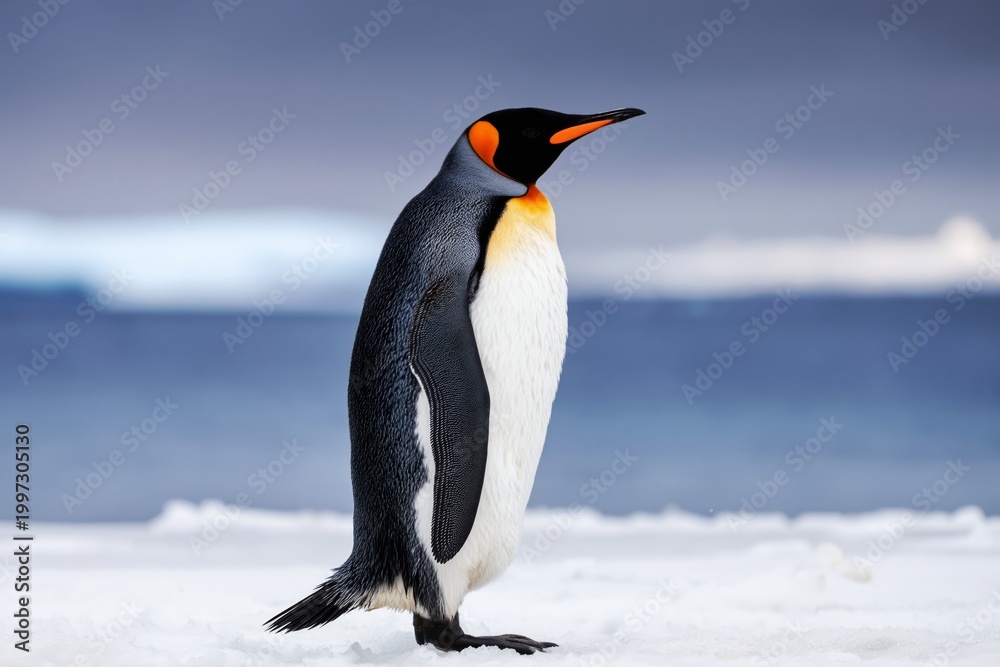 Fototapeta premium King Penguin Stands on Ice Near Ocean Under Cloudy Sky in Cold Weather