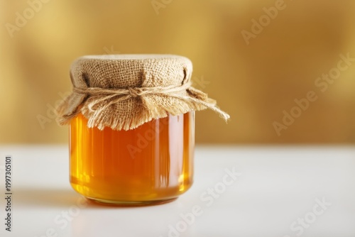 Honey Jar Placed on a Table Under Warm Sunlight in a Cozy Indoor Setting