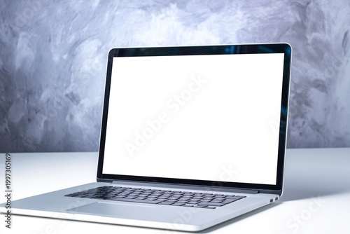 Laptop With Blank Screen on a Table Under Blue and Purple Light in a Modern R...
