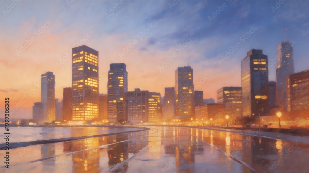 Fototapeta premium City skyline at dusk with reflections