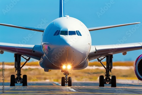 Airplane Prepares for Takeoff on Runway Under a Clear Blue Sky During the Day