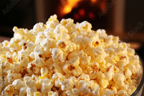 Popcorn Sits in a Bowl in Front of a Warm Fireplace During a Cozy Evening at ...