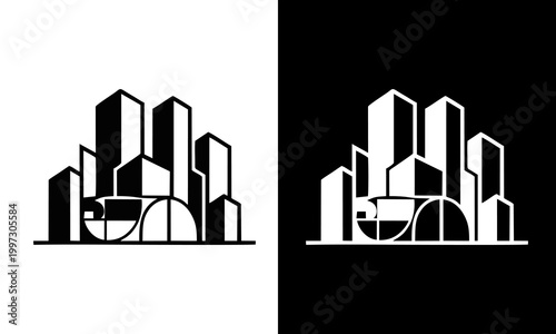 A stylized cityscape illustration depicts modern buildings and architecture in a graphic design.