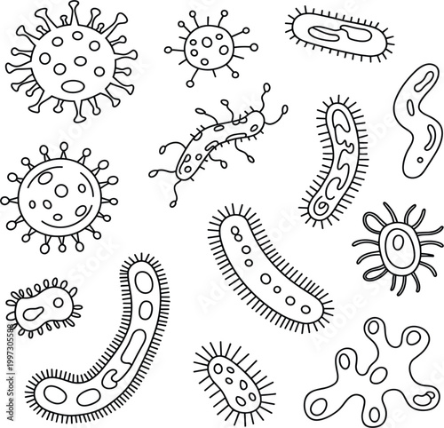 Professional minimalist line art illustration of various bacteria and virus cells for microbiology and infectious disease research concept vector