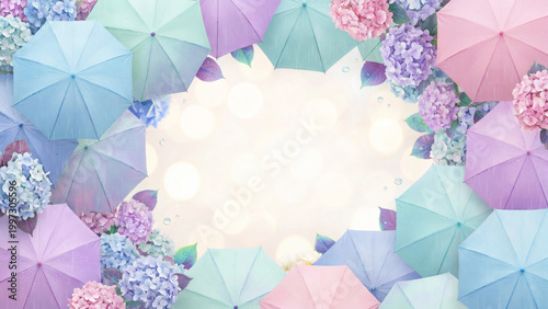 梅雨の背景、傘とあじさいのお花のフレーム