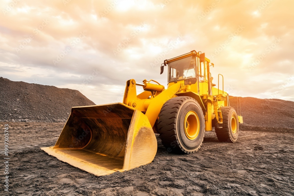 Fototapeta premium Large Yellow Construction Vehicle Operates at a Gravel Site During Sunset in the Late Afternoon