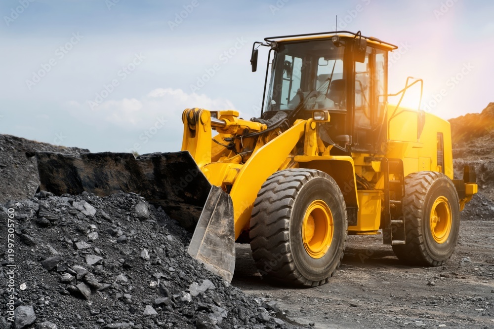 Fototapeta premium Construction Equipment Works to Move Dirt and Rocks at a Worksite in the Afternoon Light