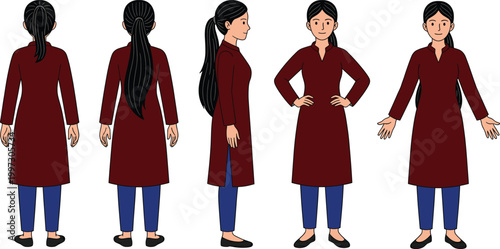 Full body character illustration showing five different poses and angles including front, side, back, and expressive gestures for design reference