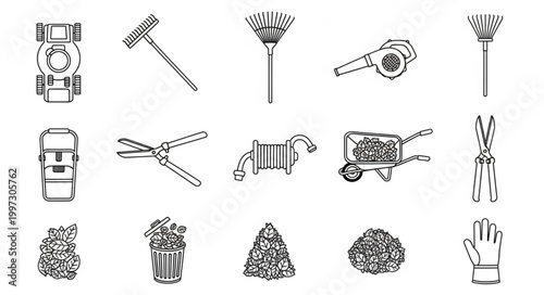 Collection of Garden Tools and Supplies Hand Drawn Sketch.