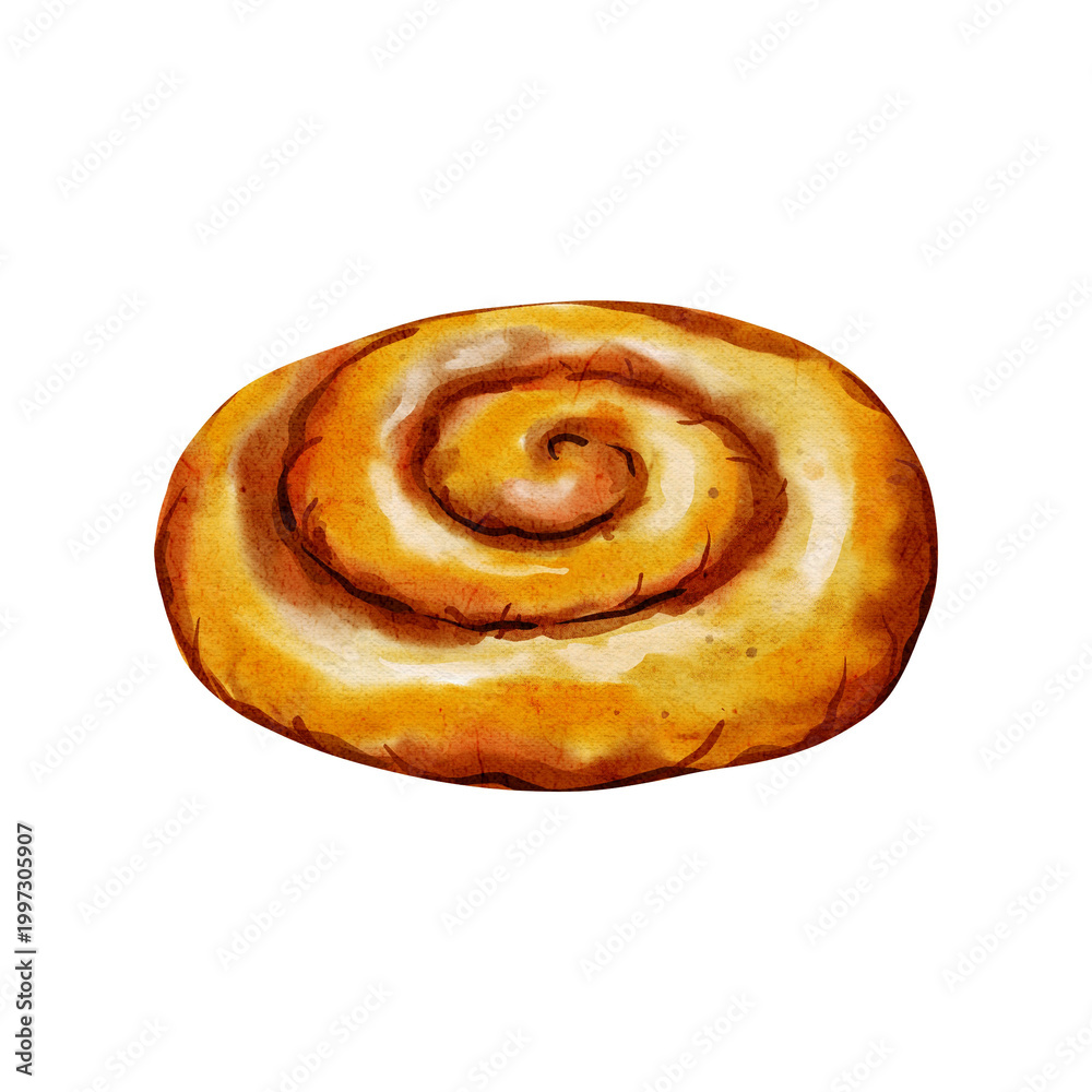 Fototapeta premium Watercolor Cinnamon Bun Isolated on White Background