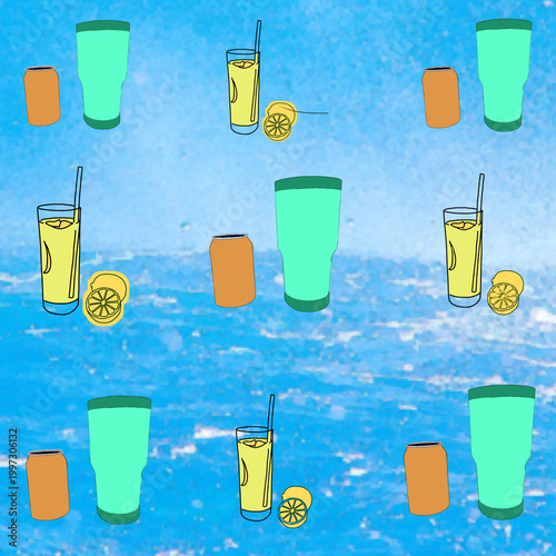 Refreshing summer drinks seamless pattern with lemonade and soda on blue background.set of cocktails