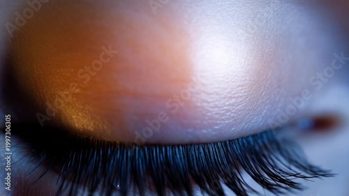 Closed human eye in dramatic lighting.