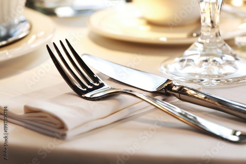 Setting a Dining Table With Fork and Knife on a White Napkin in a Restaurant