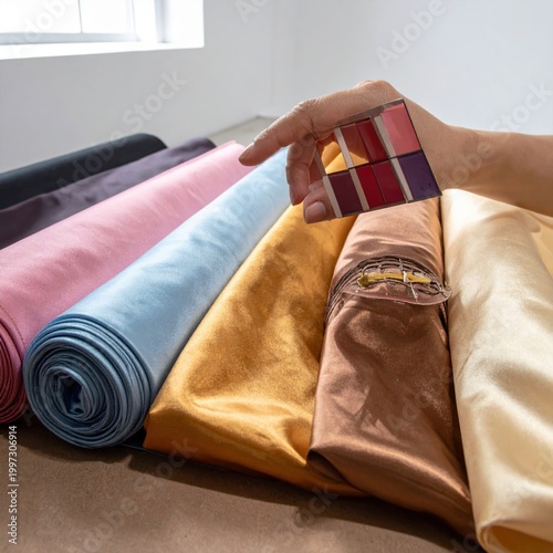 Hand holding color fabric swatches over rolls of silk satin textile, interior design selection, fashion material choice, sewing workshop