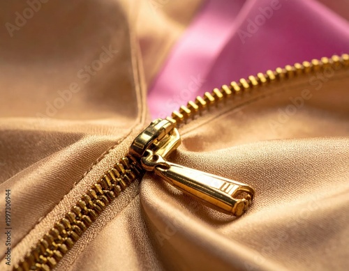closeup of golden zipper on beige and pink fabric, metallic fastener detail for clothing, fashion accessory, tailoring, sewing, textile texture