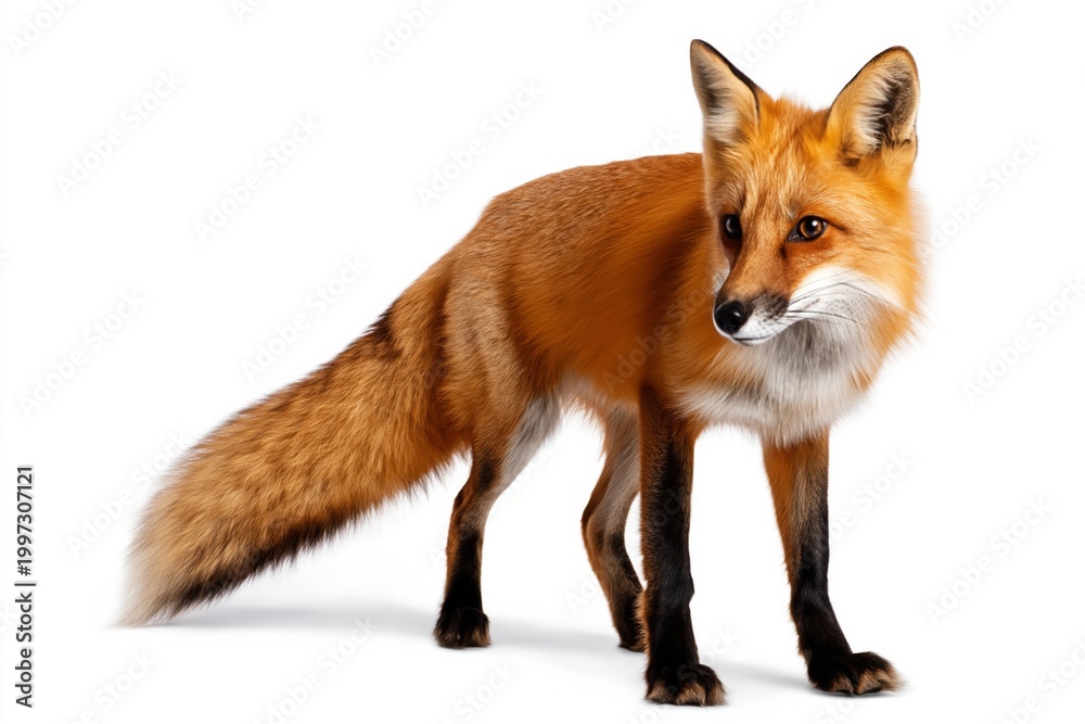 Fototapeta premium Red Fox Standing in a White Background With Alert Posture and Focused Gaze