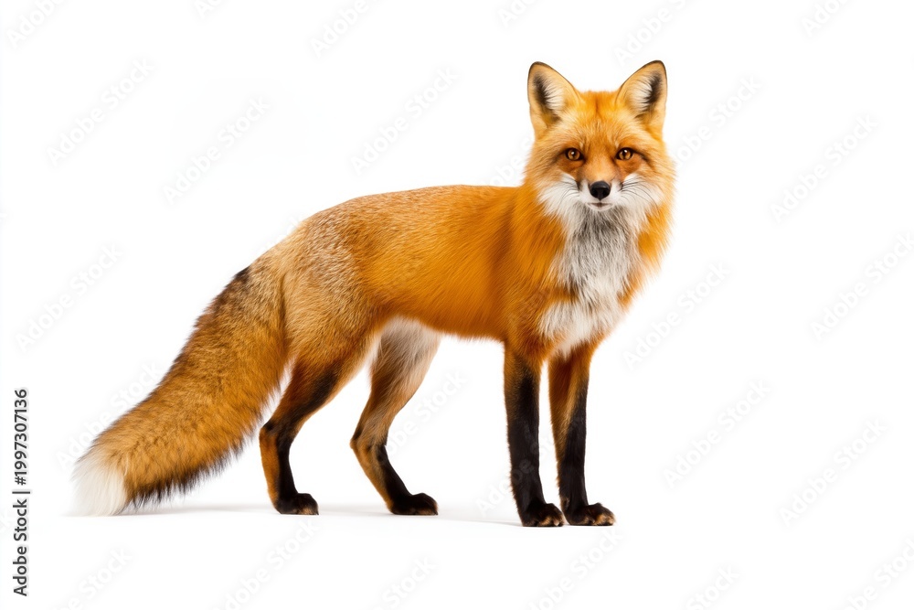 Fototapeta premium Red Fox Standing in a White Background With Alert Posture and Focused Gaze