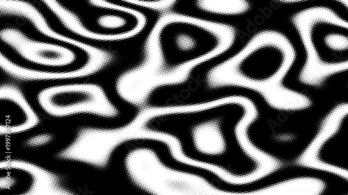 Abstract halftone pattern with organic wavy shapes and liquid ripple effect in black and white