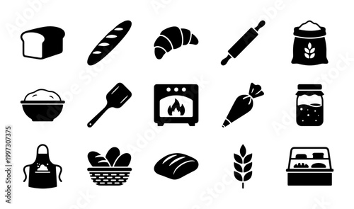Bakery Icons Set: Bread, Croissant, Rolling Pin, Oven, Apron, Pastry Bag, Wheat