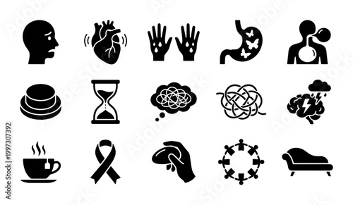 Anxiety and mental health icons, 15 stress symbols, psychology vector set