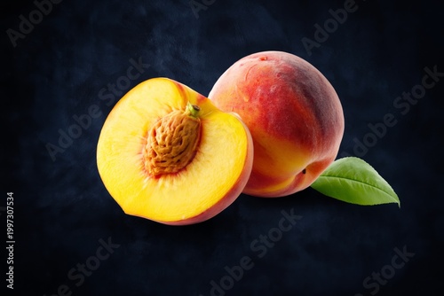 Fresh Peach Cut in Half With Seed Showing on Dark Background
